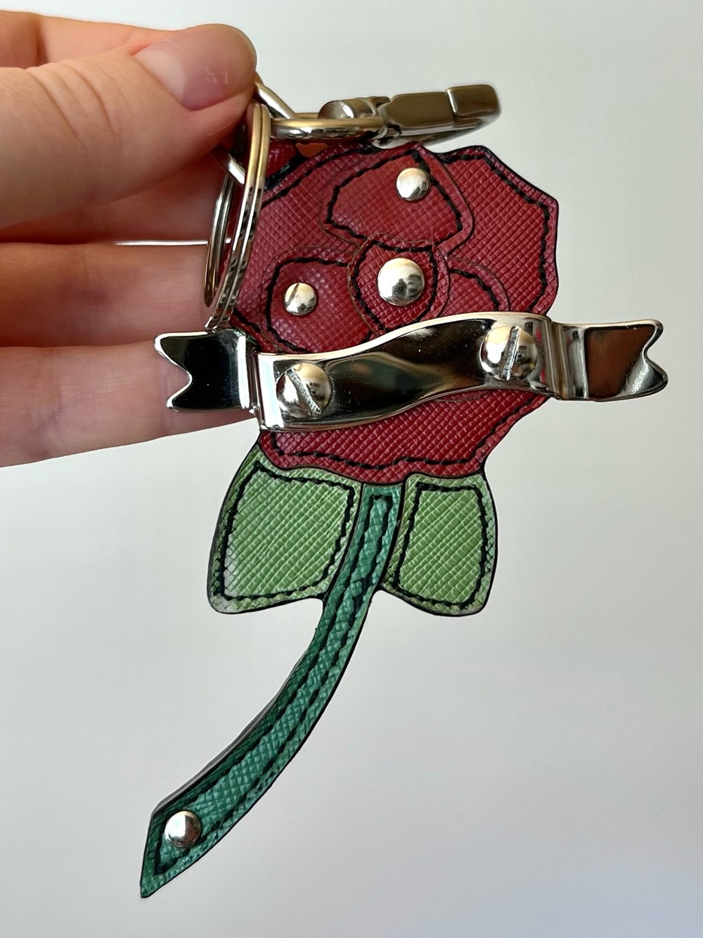 PRADA Saffiano Leather Rose Motif Bag Charm Key Holder Red - Picture 2 of 2